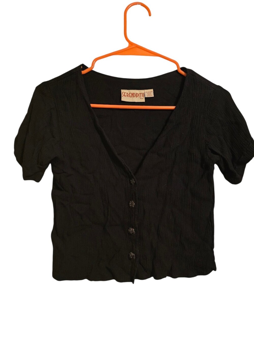 Vintage | Black V-Neck Button-Front Crop Top